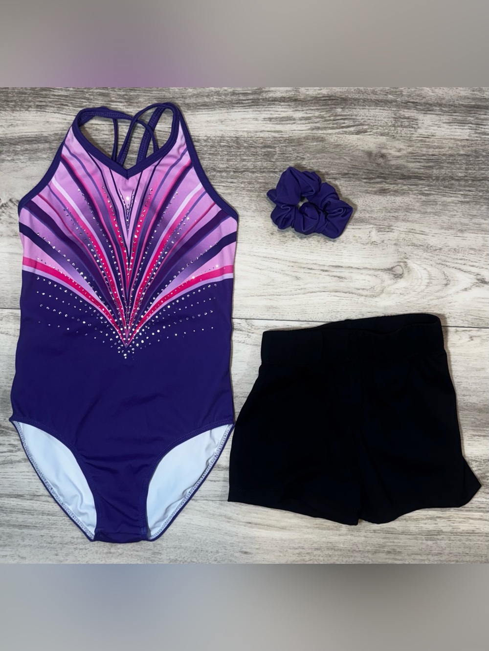 EUC Girls Purple/Pink Leotard with Matching Scrunchie and Shorts